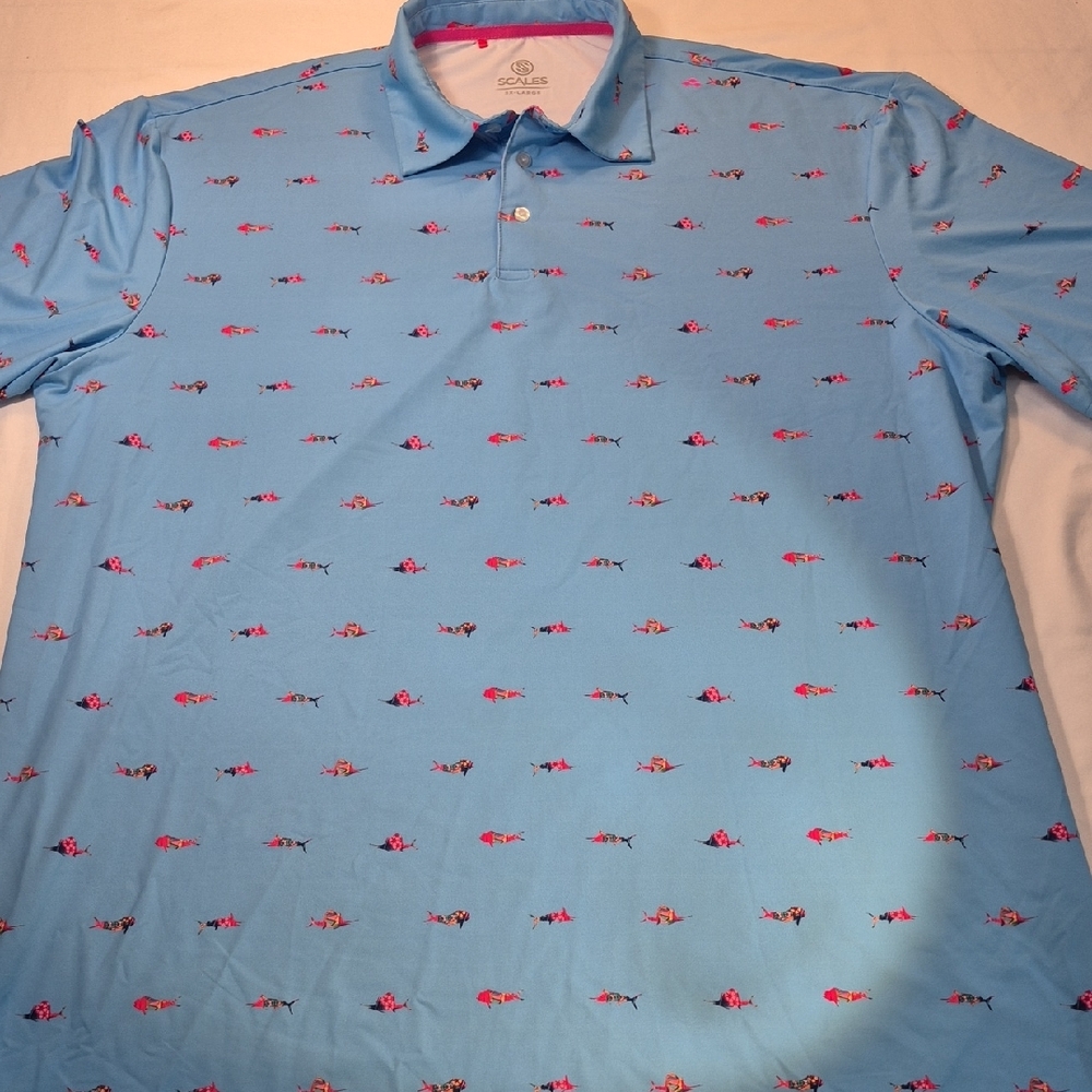 SCALES 3X Golf Polo Short Sleeve Shirt Blue and Pink Tropical Fish Pattern - Picture 4 of 16